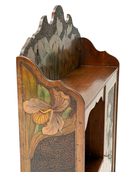 Aesthetic Movement Wall Cabinet, Hand-Painted Floral, Walnut, 1890s